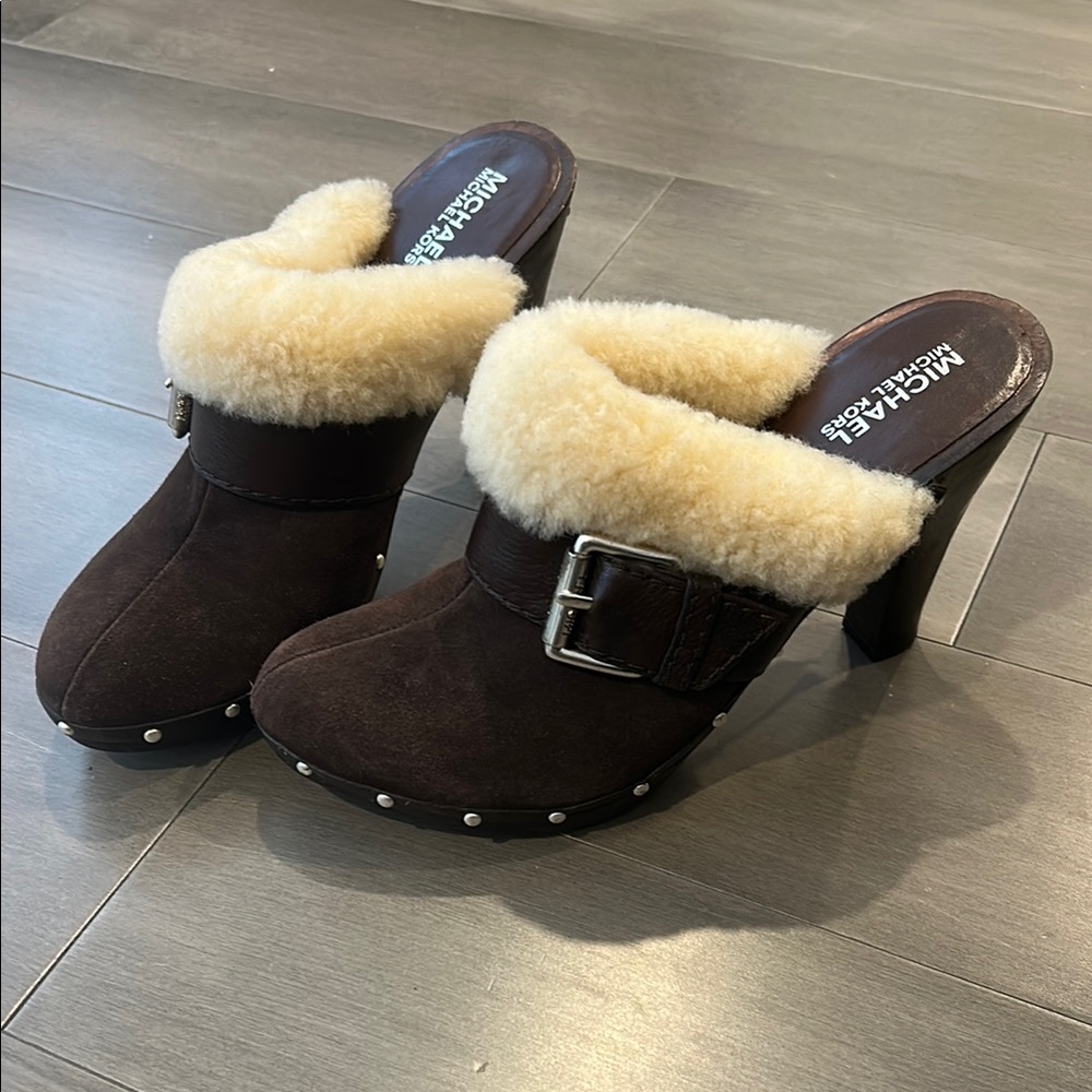 Michael Kors Brown and Cream Mules with Plush Fur Lining